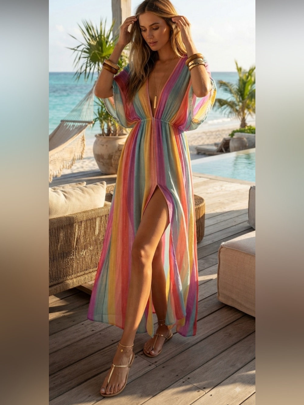 New Women’s Rainbow Stripe Swim Coverup Kaftan - Multicolor size L 100% viscose
